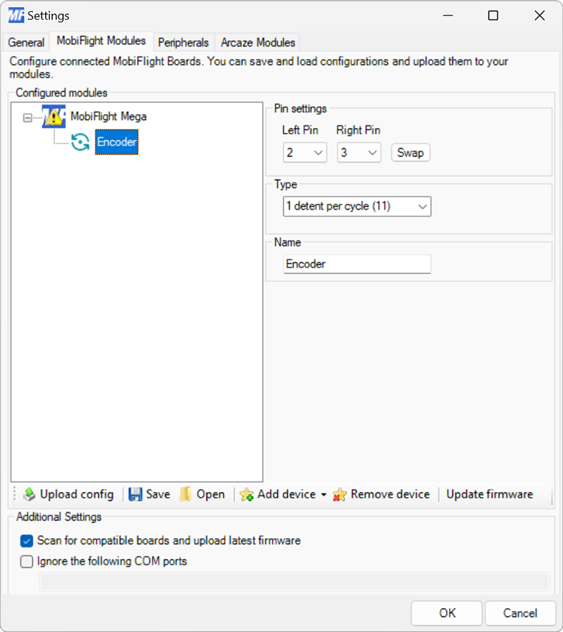 Screenshot of the settings for an encoder, with pin 2 and 3 selected, type 11 selected, and Encoder as the name.