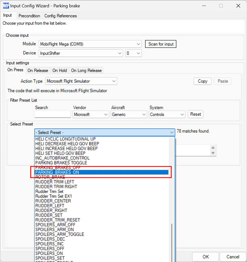 Screenshot of the input tab on press event with the PARKING_BRAKES_ON preset selected.
