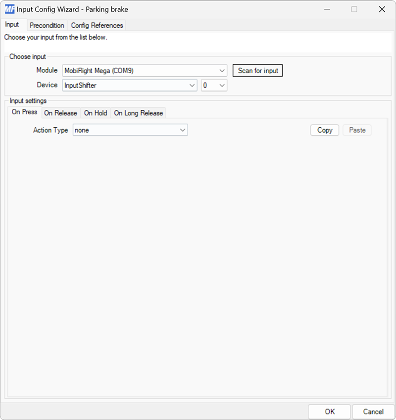 Screenshot of the input configuration wizard for an input shift register, with the InputShifter register and input 0 selected.