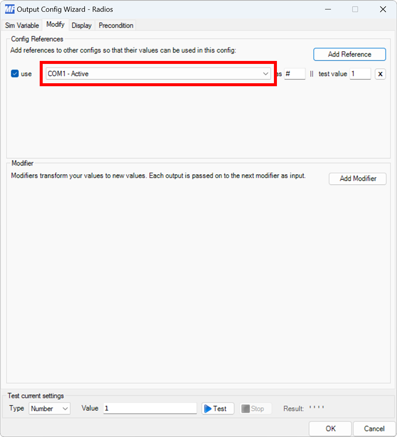 Screenshot of the output tab in the main window with one output configuration defined for the COM1 - Active output configuration.