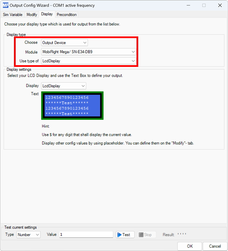 Screenshot of the display tab in the output dialog with a board and LcdDisplay type selected.