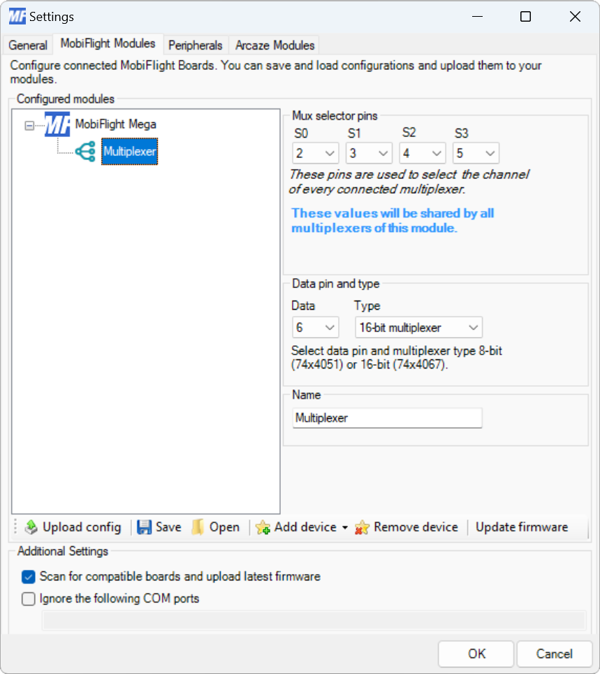 Screenshot of the Modules dialog with the multiplexer configuration showing.