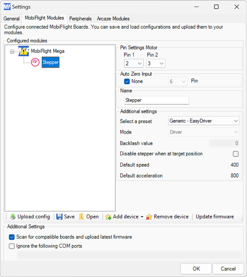 Screenshot of the settings for a stepper motor, with pin 2 and 3, Stepper as the name, and the Generic - EasyDriver preset selected.