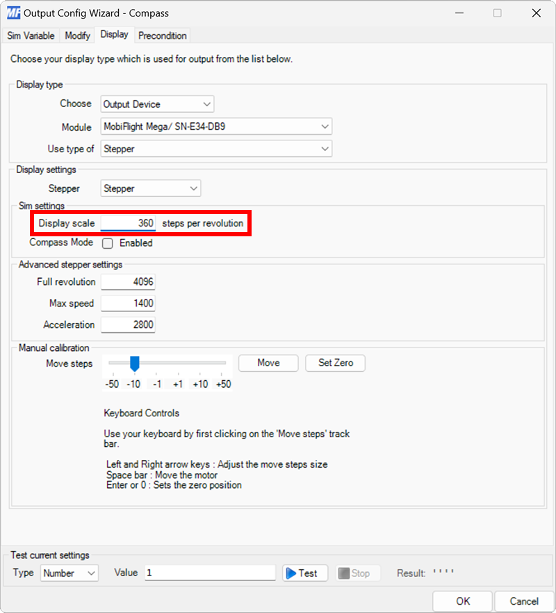 Screenshot of the display tab in the output dialog with display scale set to 360.