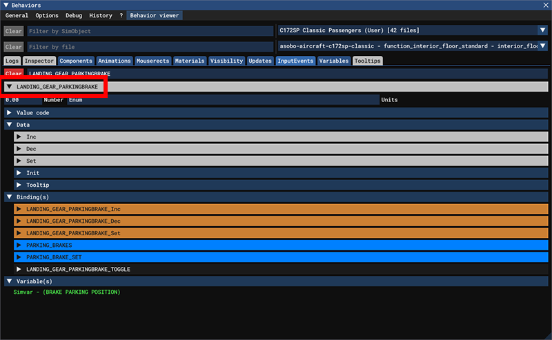 Screenshot of the Behaviors dialog InputEvents tab with the LANDING_GEAR_PARKINGBRAKE section highlighted with a red rectangle and expanded.