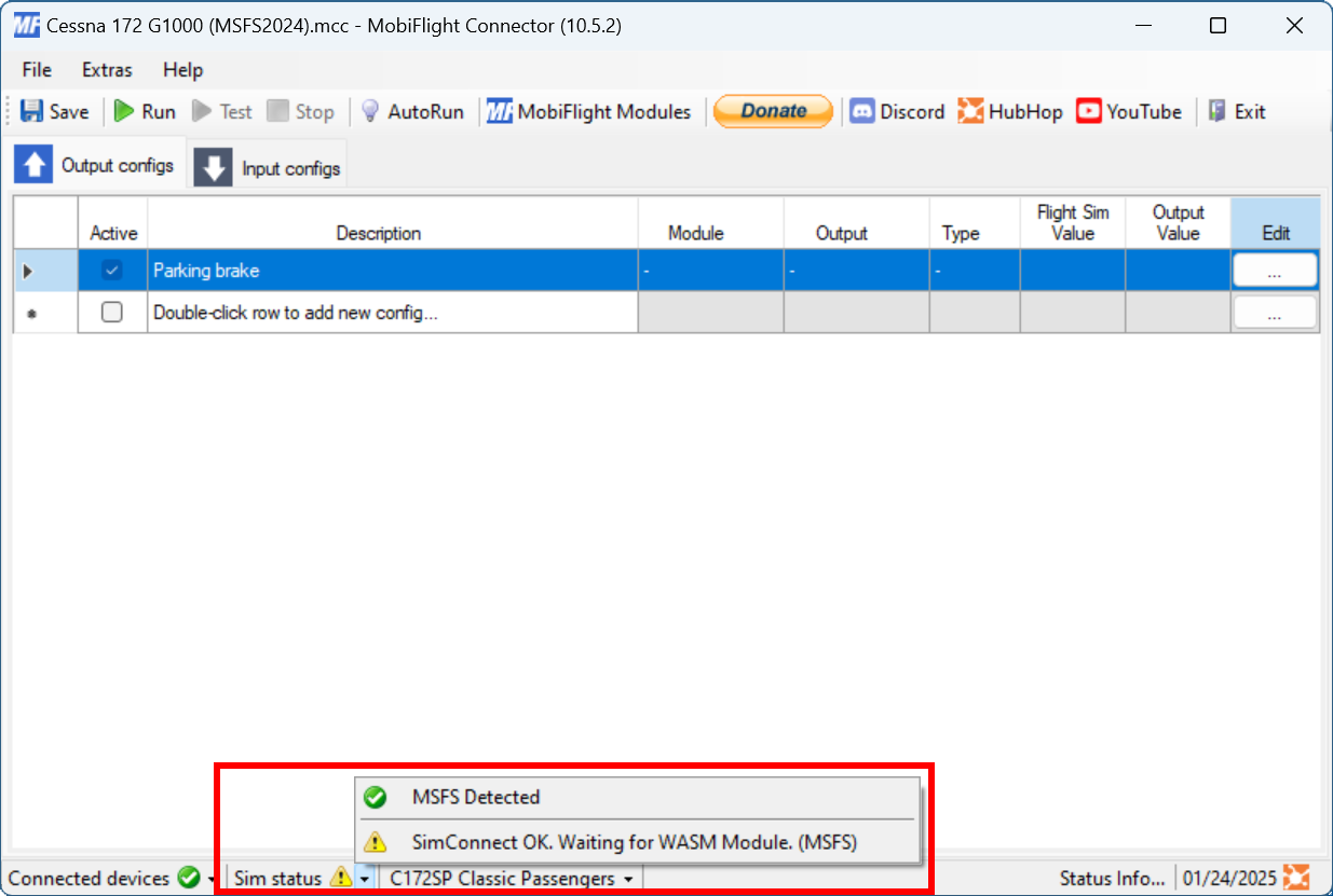 Screenshot of the main MobiFlight window with the sim status menu open and a Waiting for WASM Module warning.