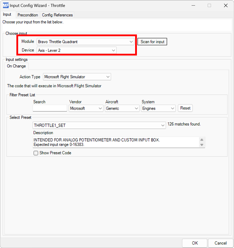 Screenshot of the input configuration dialog with a joystick and axis selected.