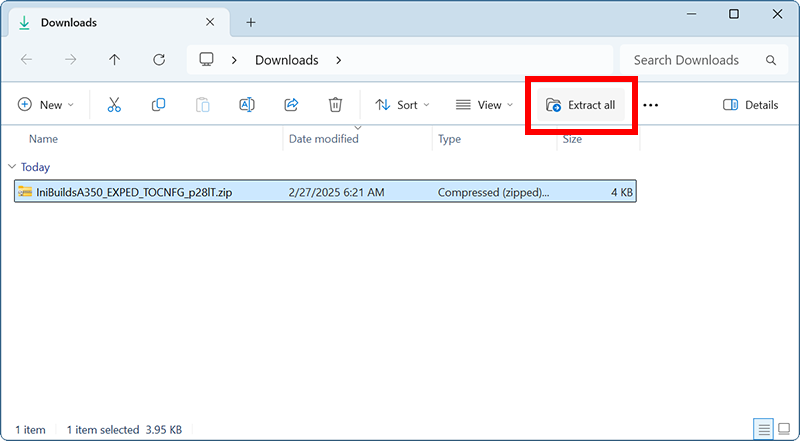 Screenshot of the Windows File Explorer with a downloaded profile zip file selected and the Extract all button highlighted.